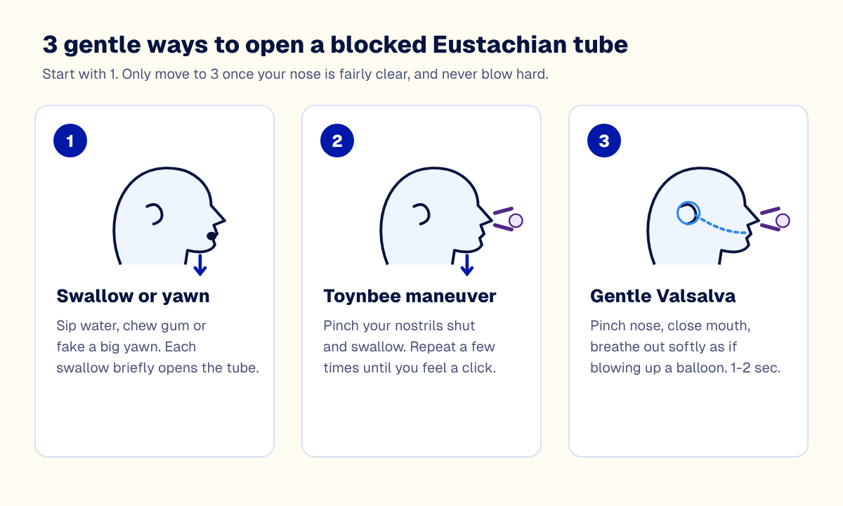 Three gentle ways to open a blocked Eustachian tube: swallowing or yawning, the Toynbee maneuver and a gentle Valsalva maneuver
